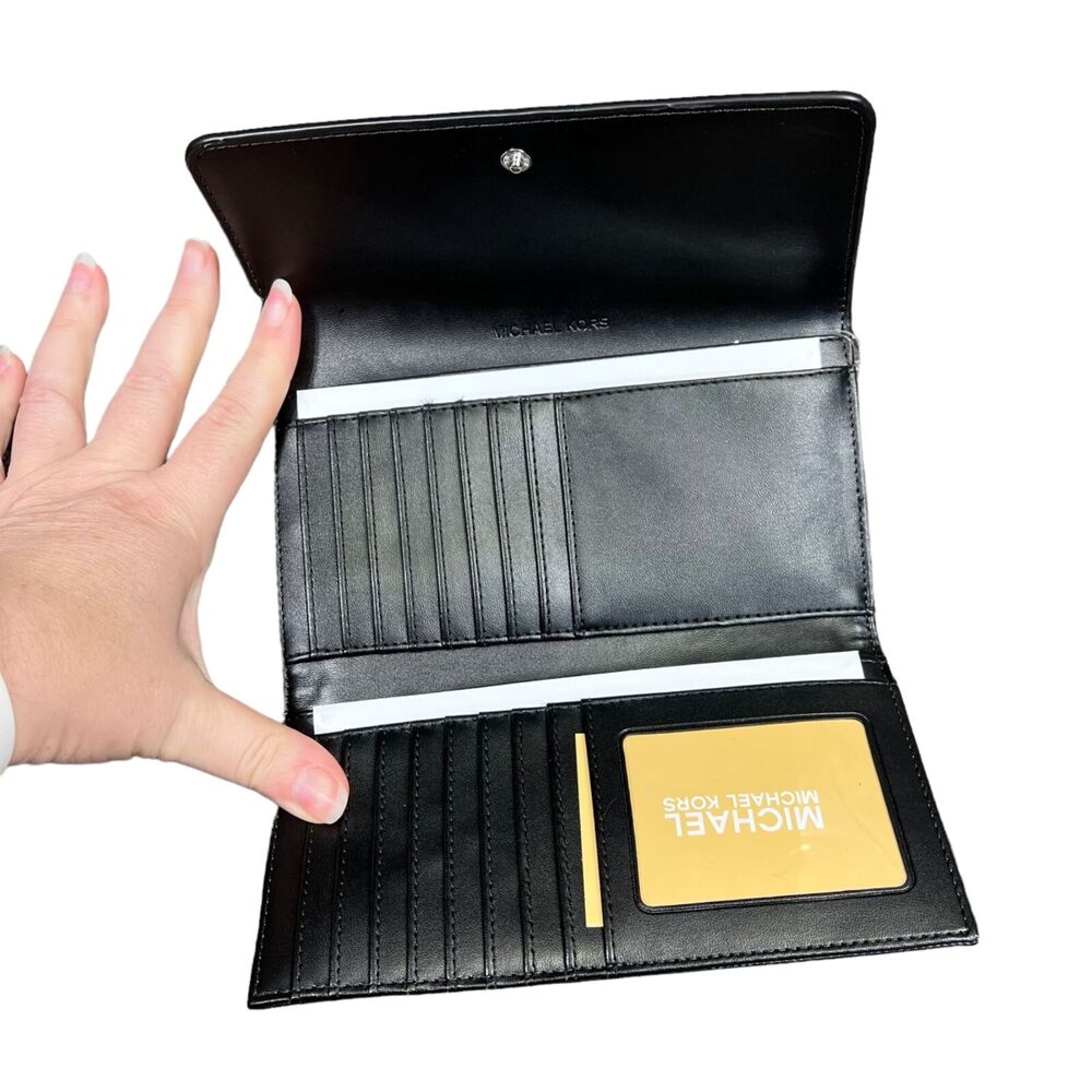 MK Michael Kors Womens Jet Set Travel Large Trifold Wallet Signature Black - Picture 6 of 10